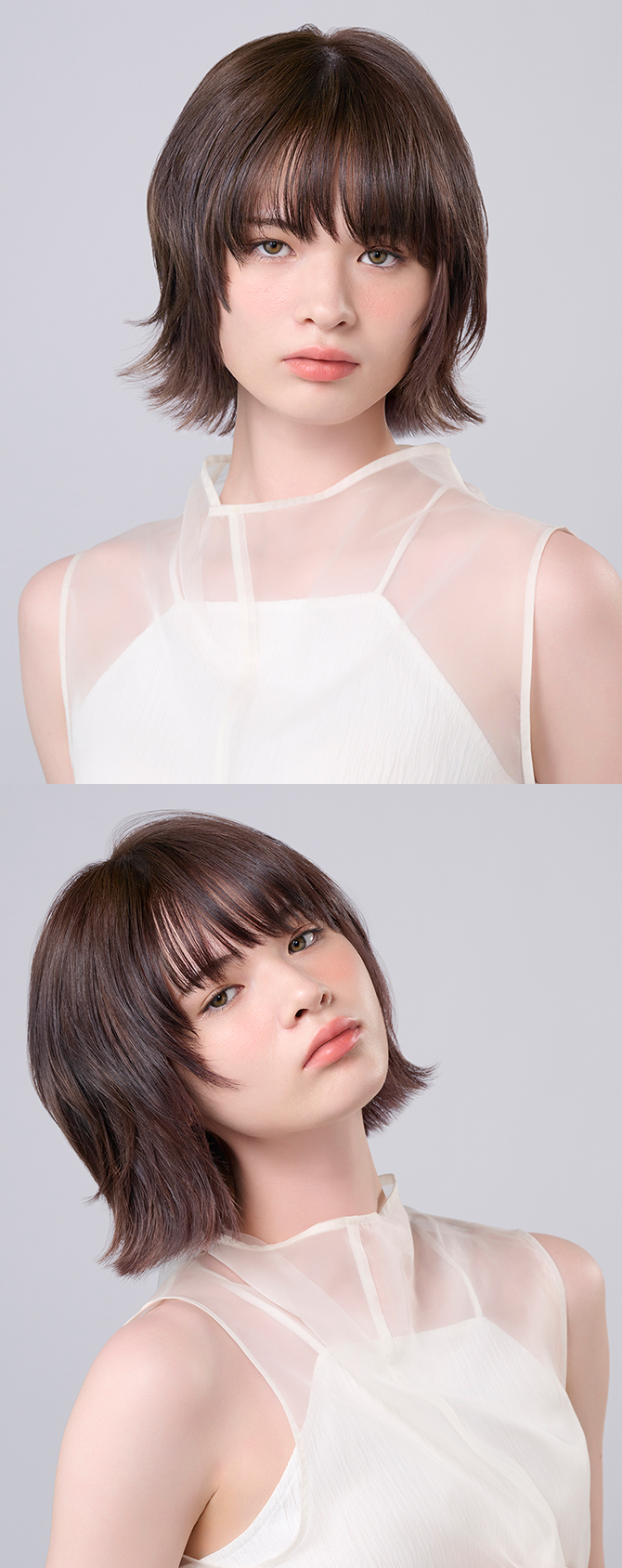 ラベンダー系でカラーしたボブの女性